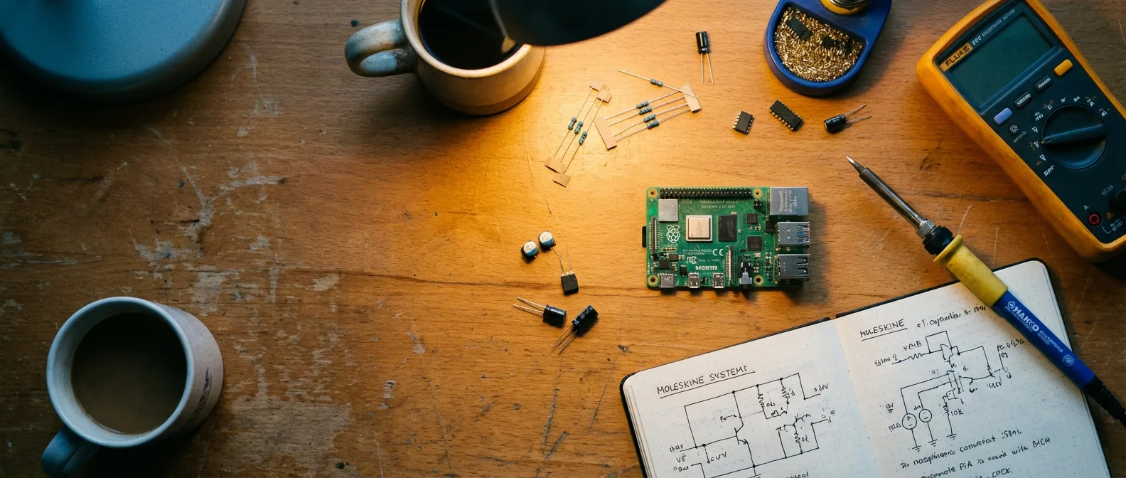 Raspberry Pi, multimetr i notatnik ze schematami na warsztacie